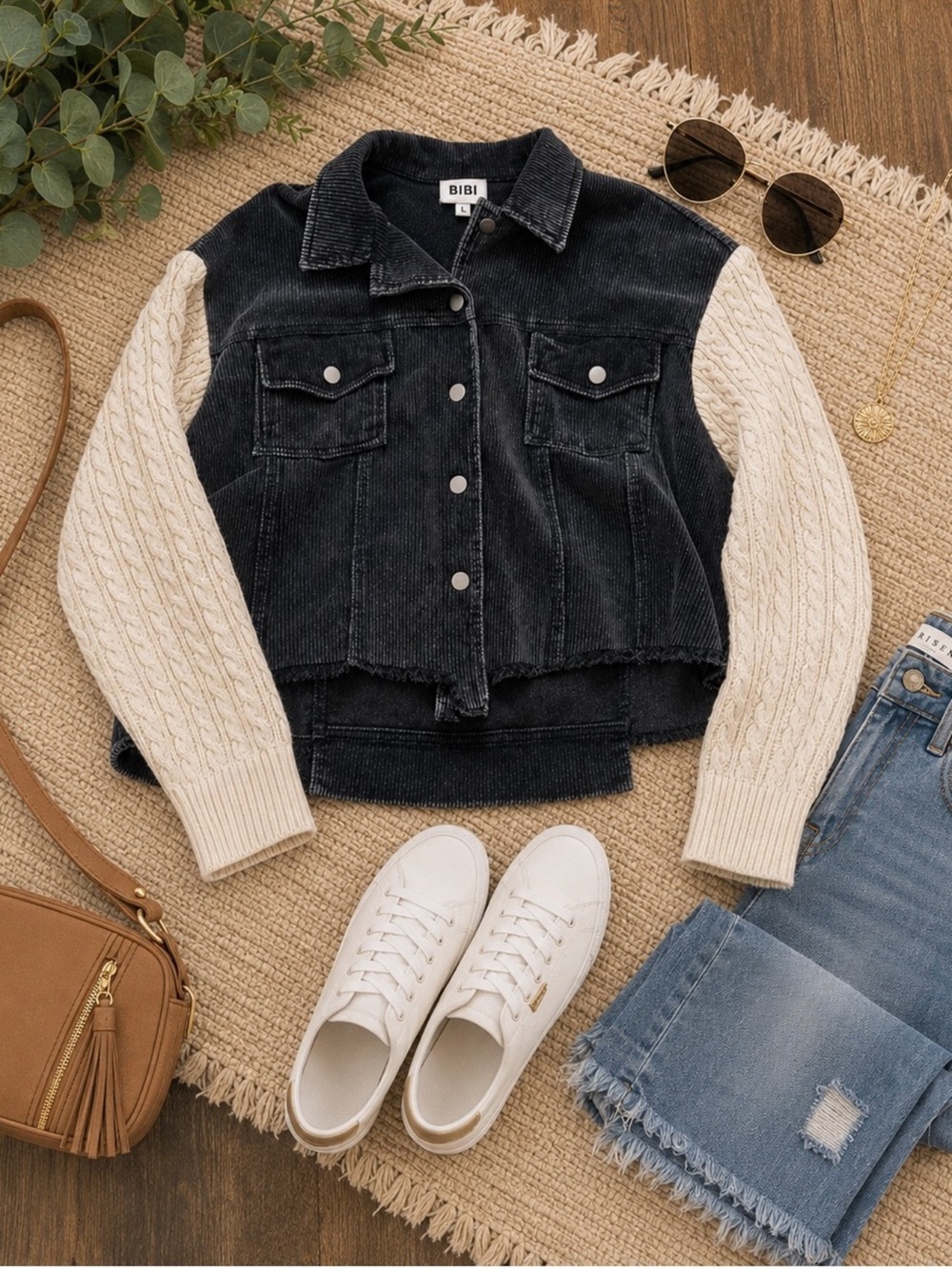 BiBi Mixed Media Corduroy Cable Knit Sleeve Cropped Jacket Black Cream XL